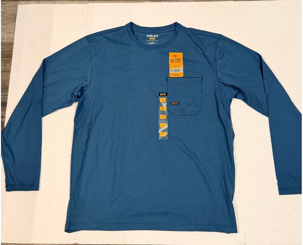 Ariat Rebar Mens Large Work Shirt Long Sleeve Pocket Tee Blue NWT